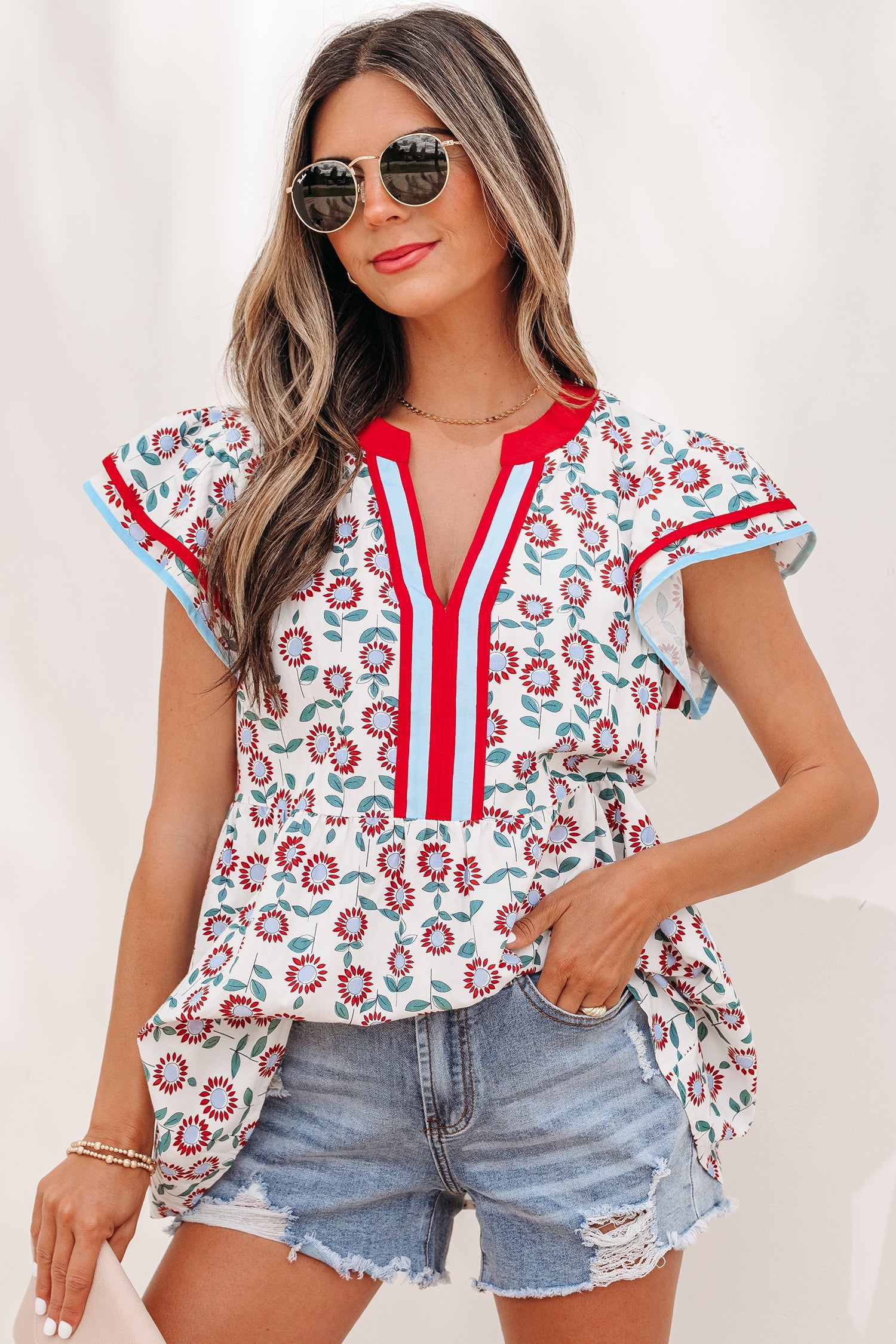 Red Sunflower Printed Contrast Trim V Neck Flutter Sleeve Blouse