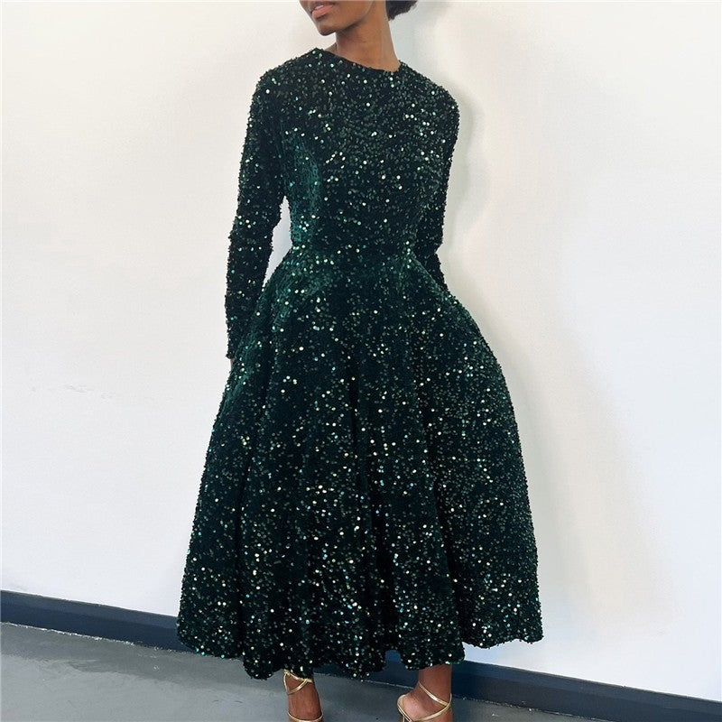 Sequin Embellished Long Sleeve High Waist Formal Dress