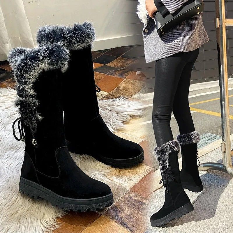 Women's Winter Snow Boots | Chunky Sole Furry Warm Flat Boots with Button Detail | Black & Gray