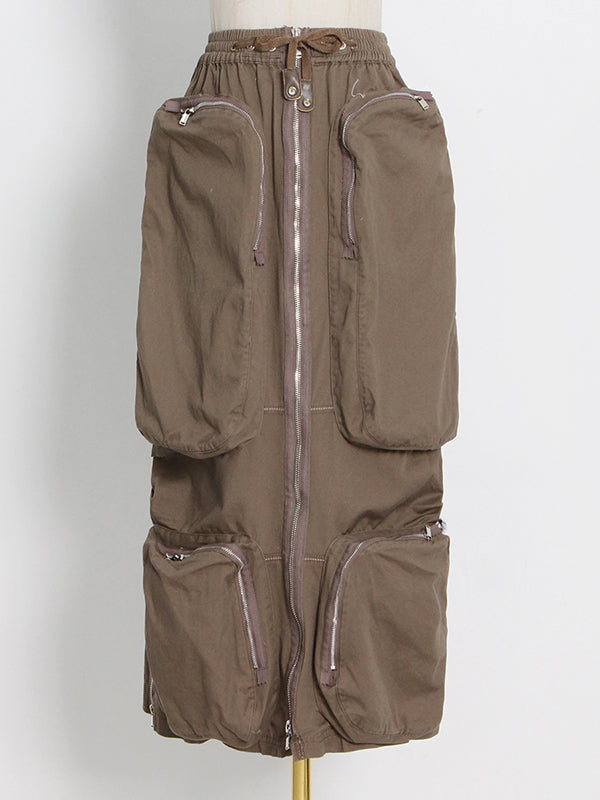 Original Creation High Waisted Loose Split-Joint With Big Pockets Zipper Skirts Bottoms