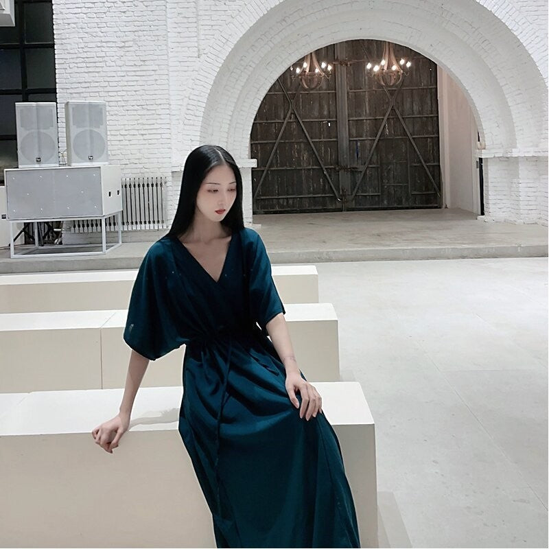 V-Neck Waist-Cinched Slim Fit Dress in Solid Color