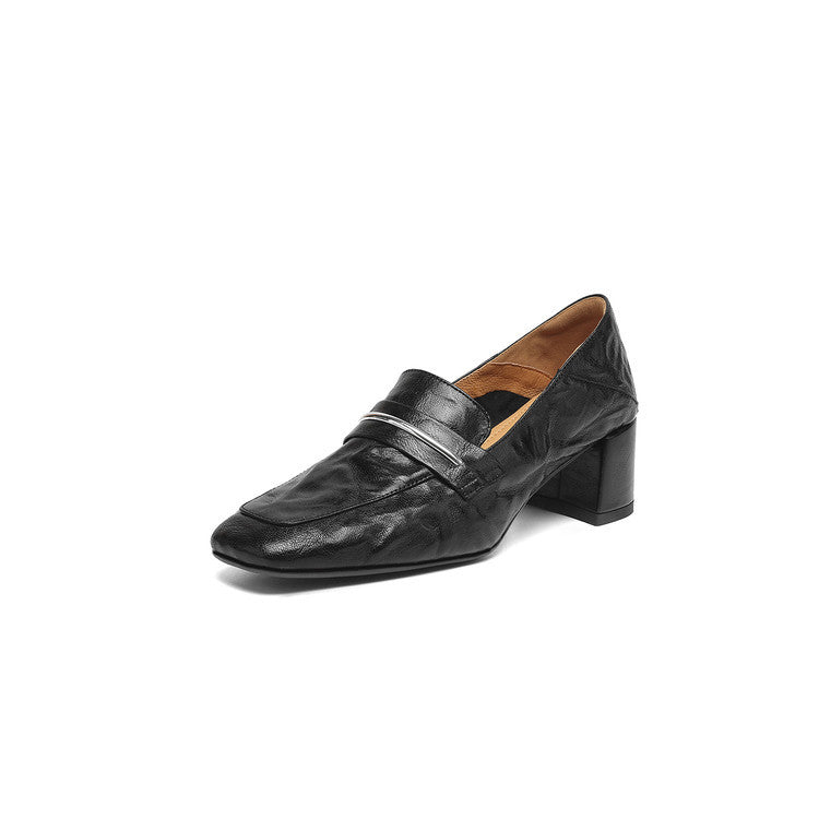 Women's Square-Toe Chunky Heel Sheepskin Leather Pumps - Mid Heel Slip-On Dress Shoes