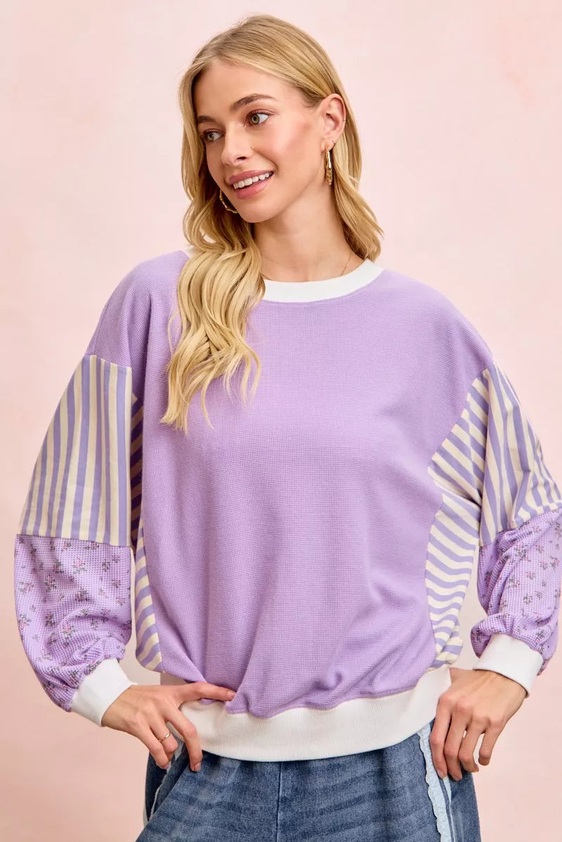 Mix and Match Sweatshirt with Floral Sleeve Striped