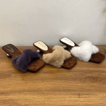 French-Style Chic Fluffy Slippers for Women | Square Toe Slip-On House Shoes | Purple, White & Apricot