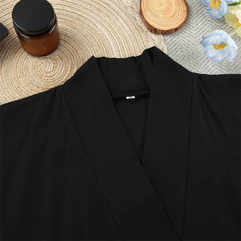 Long Sleeve Solid Color Night Gown with Waist Tie and Slit