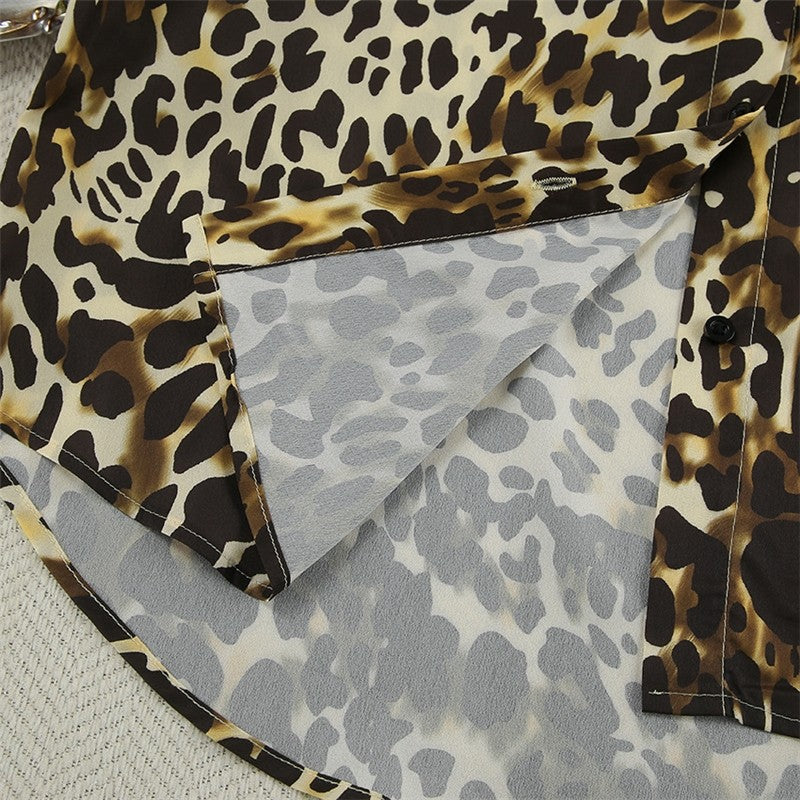 Leopard Print Loose Fit Lapel Long Sleeve Blouse and Ants Two-Piece Lounge Suit
