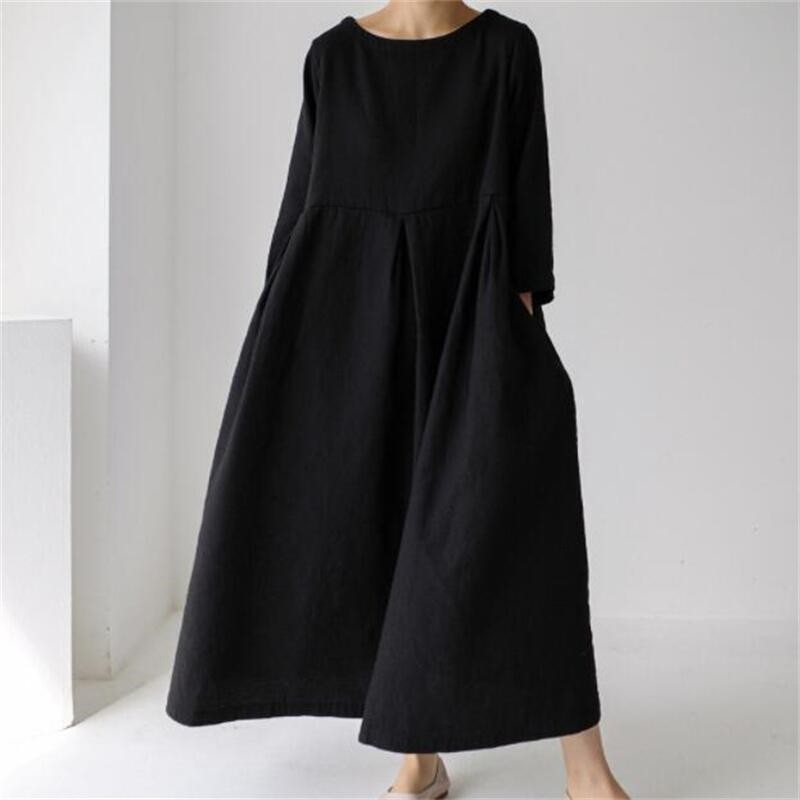 Oversized Loose-Fit Round Neck Knee-Length Maxi Dress