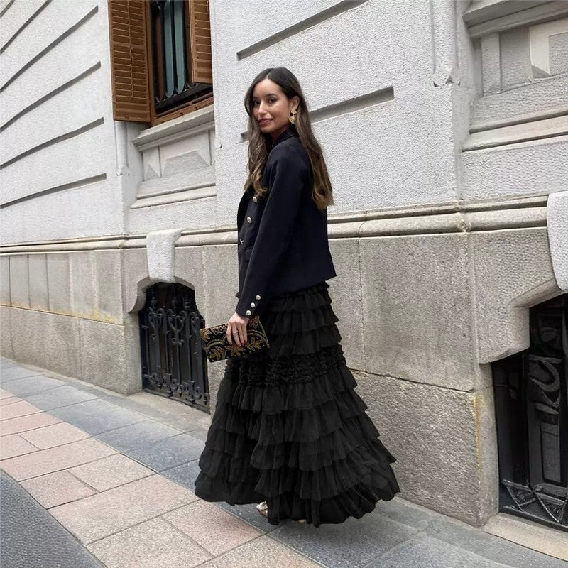 Chic Solid Color Mesh Cake Skirt