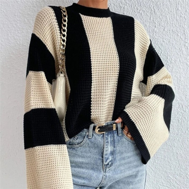 Striped Color Block Casual Flare Sleeve Knit Sweater