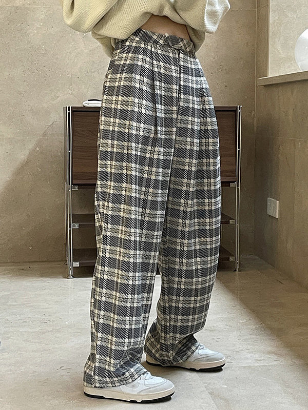 Vintage Wide Leg High-Waisted Pleated Plaid Pants