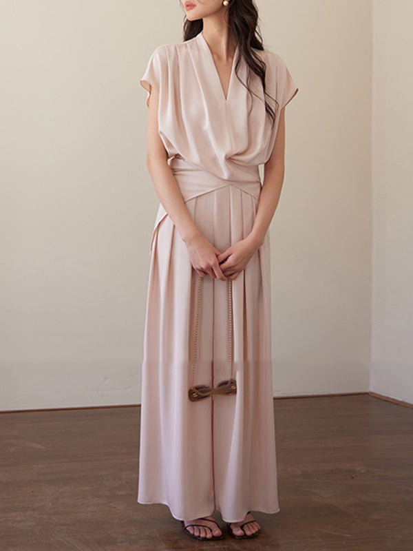High Waisted Wide Leg Elasticity Pleated Solid Color Pants Trousers