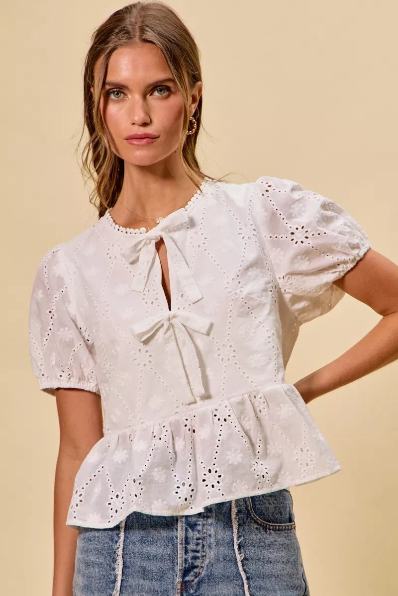 Cotton Eyelet Front Tie Short Sleeves Blouse