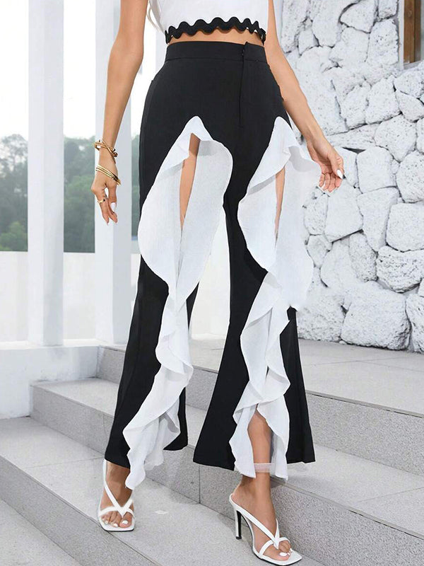 High Waisted Loose Contrast Color Pleated Split-Front Split-Joint Pants Trousers