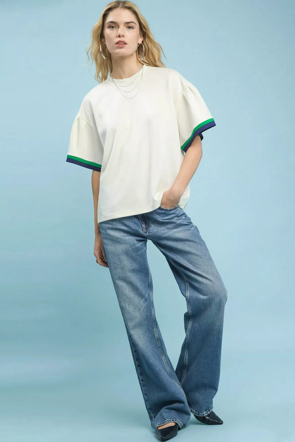 Contrast Trim Bell Sleeve Top