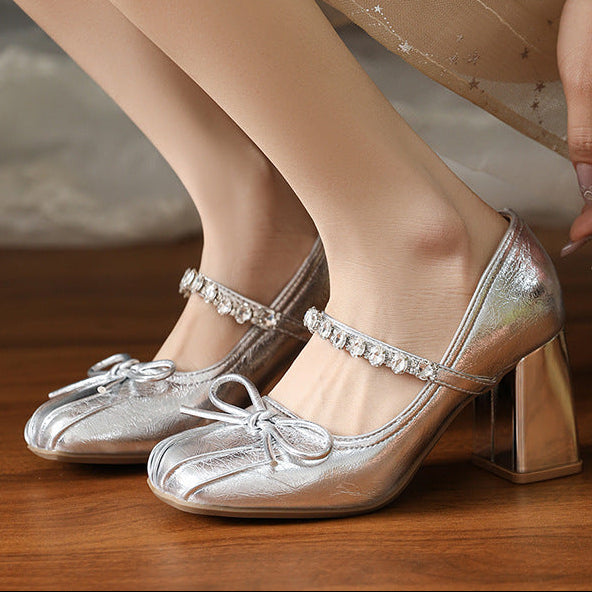 Rhinestone Bow-Tie Chunky Heel Dress Shoes