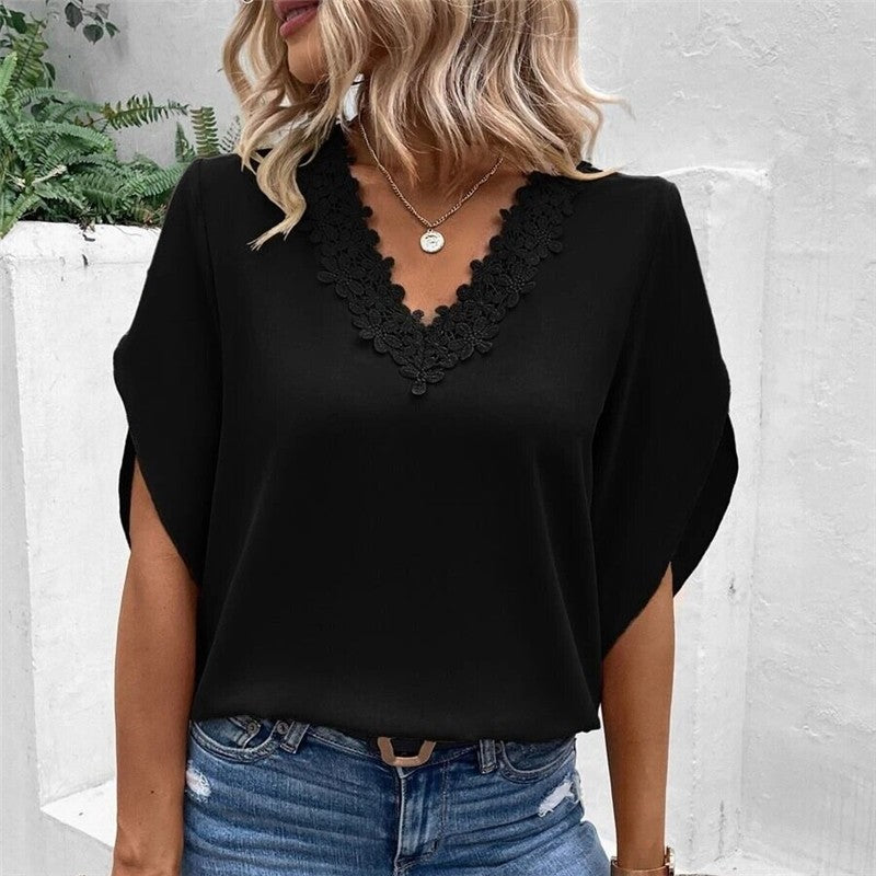 Solid Color Lace Trim V-Neck Trumpet Sleeve Blouse