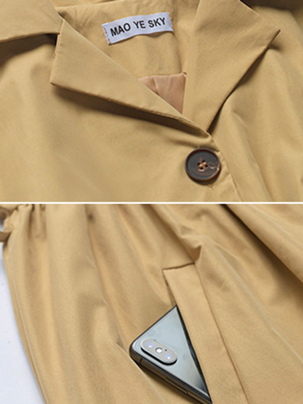 Casual Lose Tied Buttoned High-Waist Notched Collar Long Bishop Sleeves Trench Coat