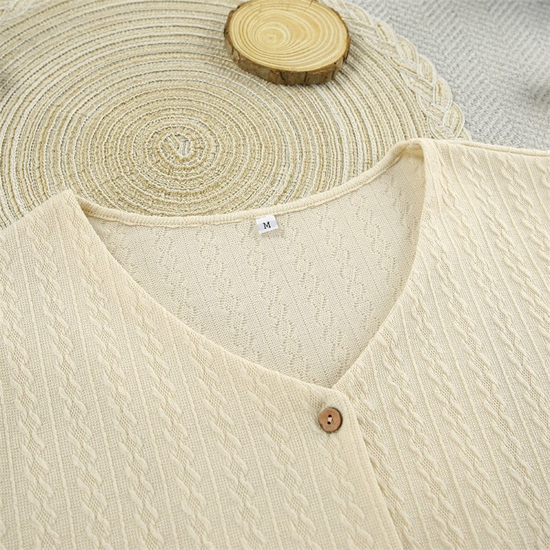 Solid Color Knitted V-Neck Cardigan and Pants Lounge Suit