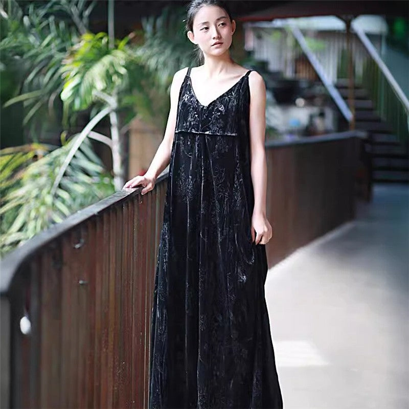 Velvet Printed Camisole Dress in Solid Color