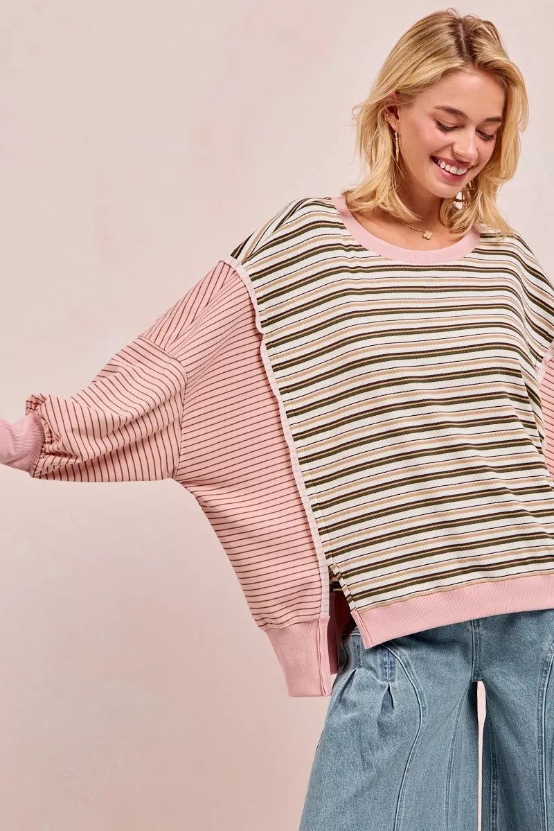 Stripe Mixed Top With Cut Edge And Reverse Outseam