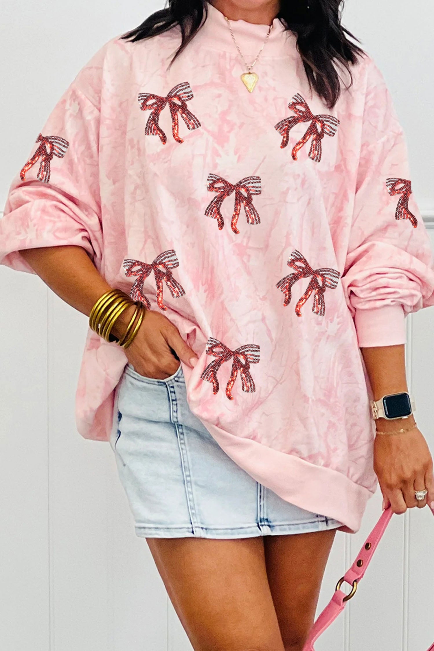 Pink Sequin Valentines Bow Patched Tie Dye Mock Neck Baggy Sweatshirt