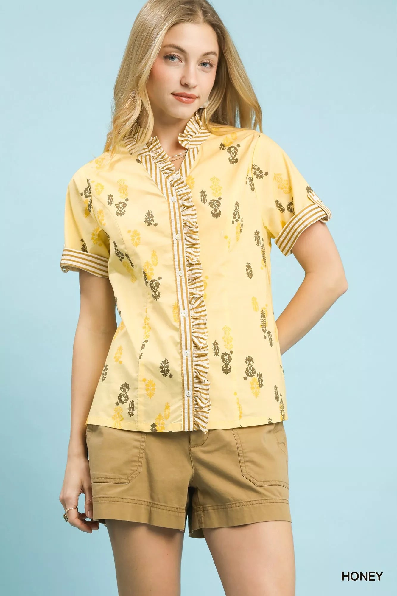 Printed Ruffle Trim Button Front Blouse