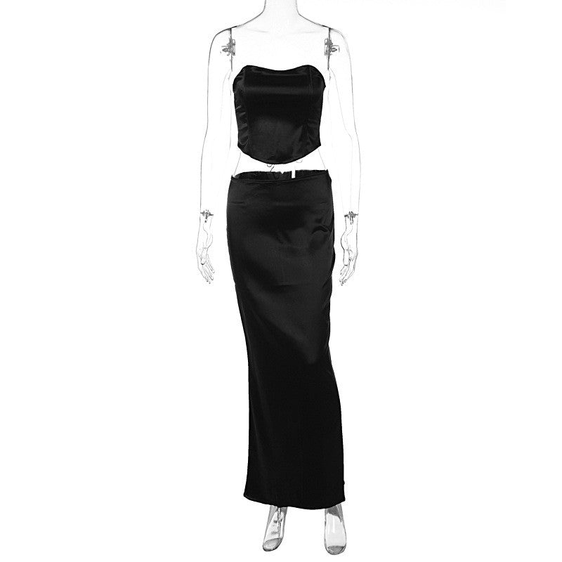 Solid Color Bandeau Maxi Dress Set with Matching Belt - Stylish and Versatile Summer Outfit