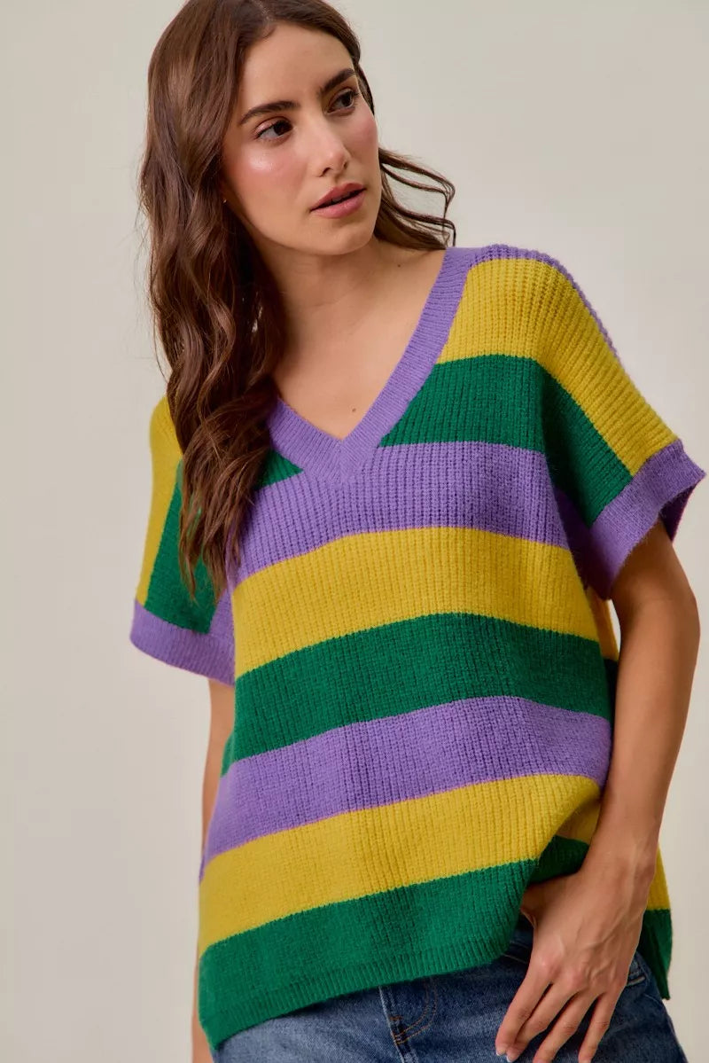 Mardi Gras Loose Fit V Neck Stripe Sweater Top