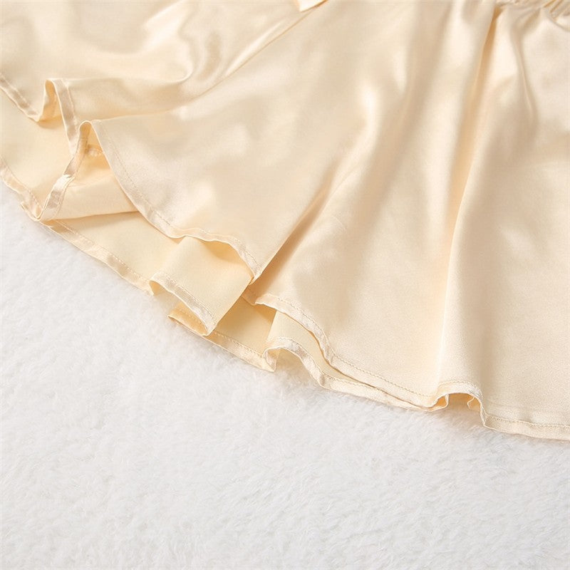 Solid Color Imitation Silk Long Sleeve Crop Top and Shorts Set - Sleepwear