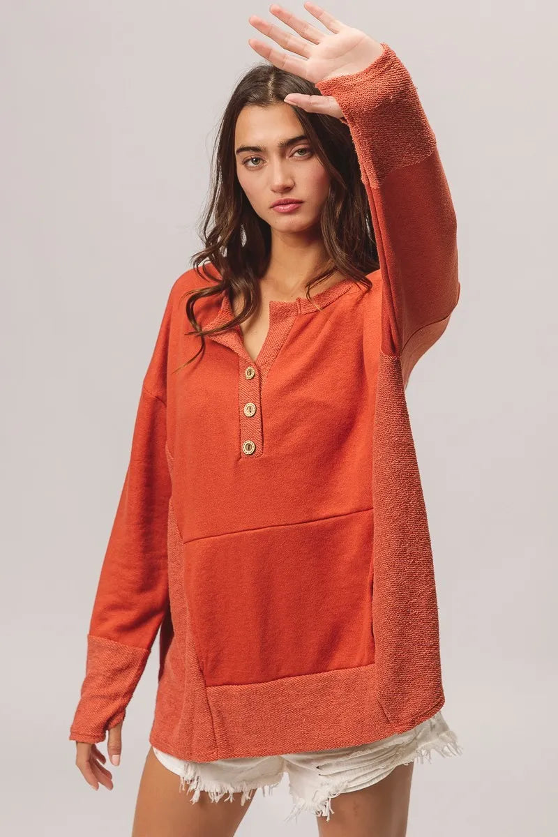 French Terry Knit Side Block Buttoned Henley Top