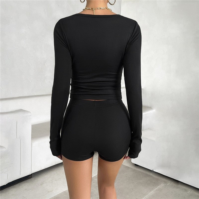 Solid Color Slim Fit Long Sleeve Top and Trousers Ensemble