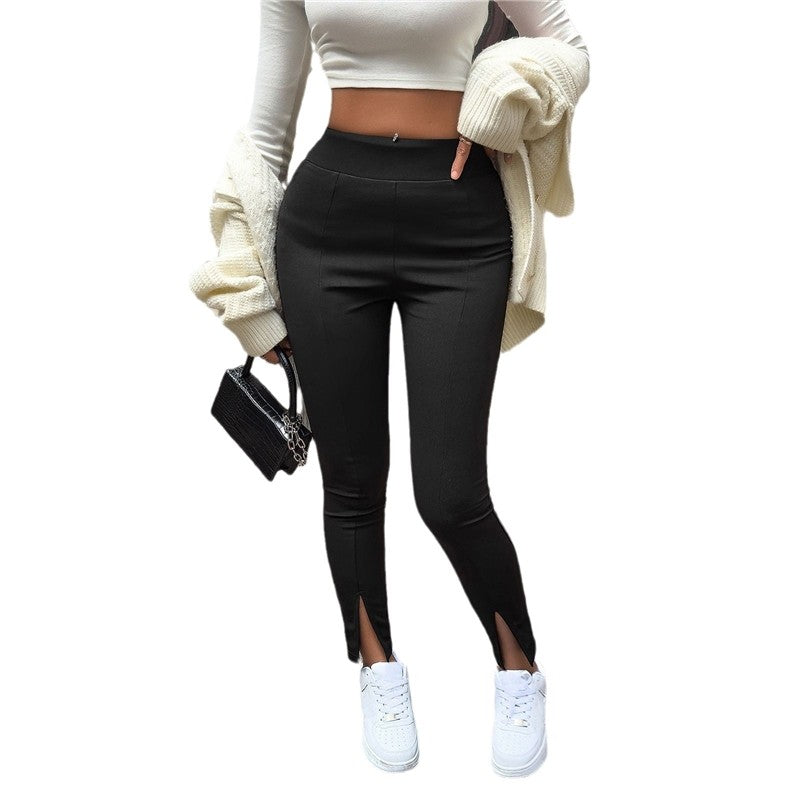 High-Waisted Split Hem Pencil Pants in Solid Color