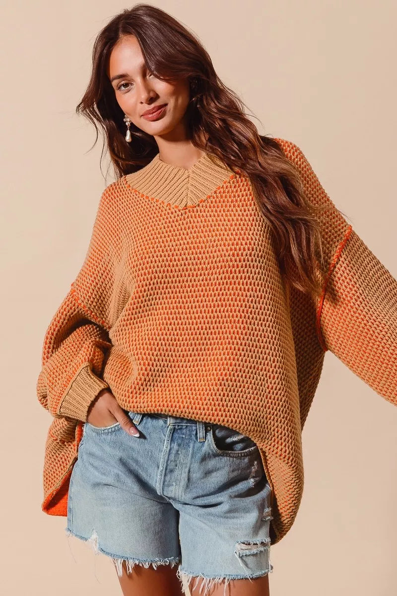Oversized Two Tone Textured V Neck Sweater