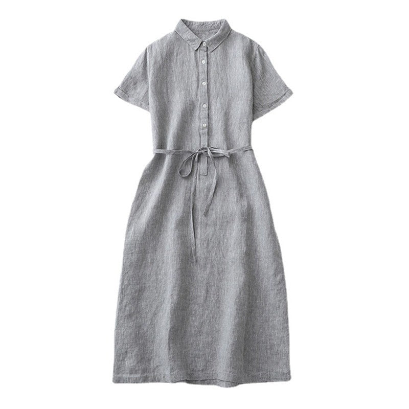 Half-Opening Buckle Waist Frenulum Polo Collar Mid Length Dress