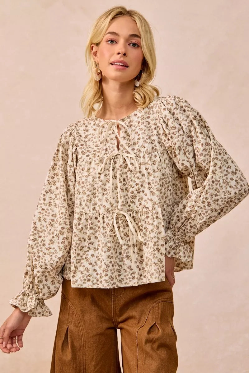 Floral Printed Peplum Blouse with Shirring and Tied