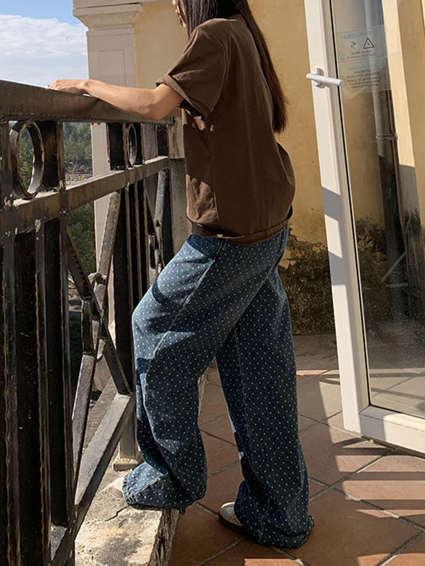 Loose Wide Leg Polka-Dot Split-Joint Jean Pants Bottoms