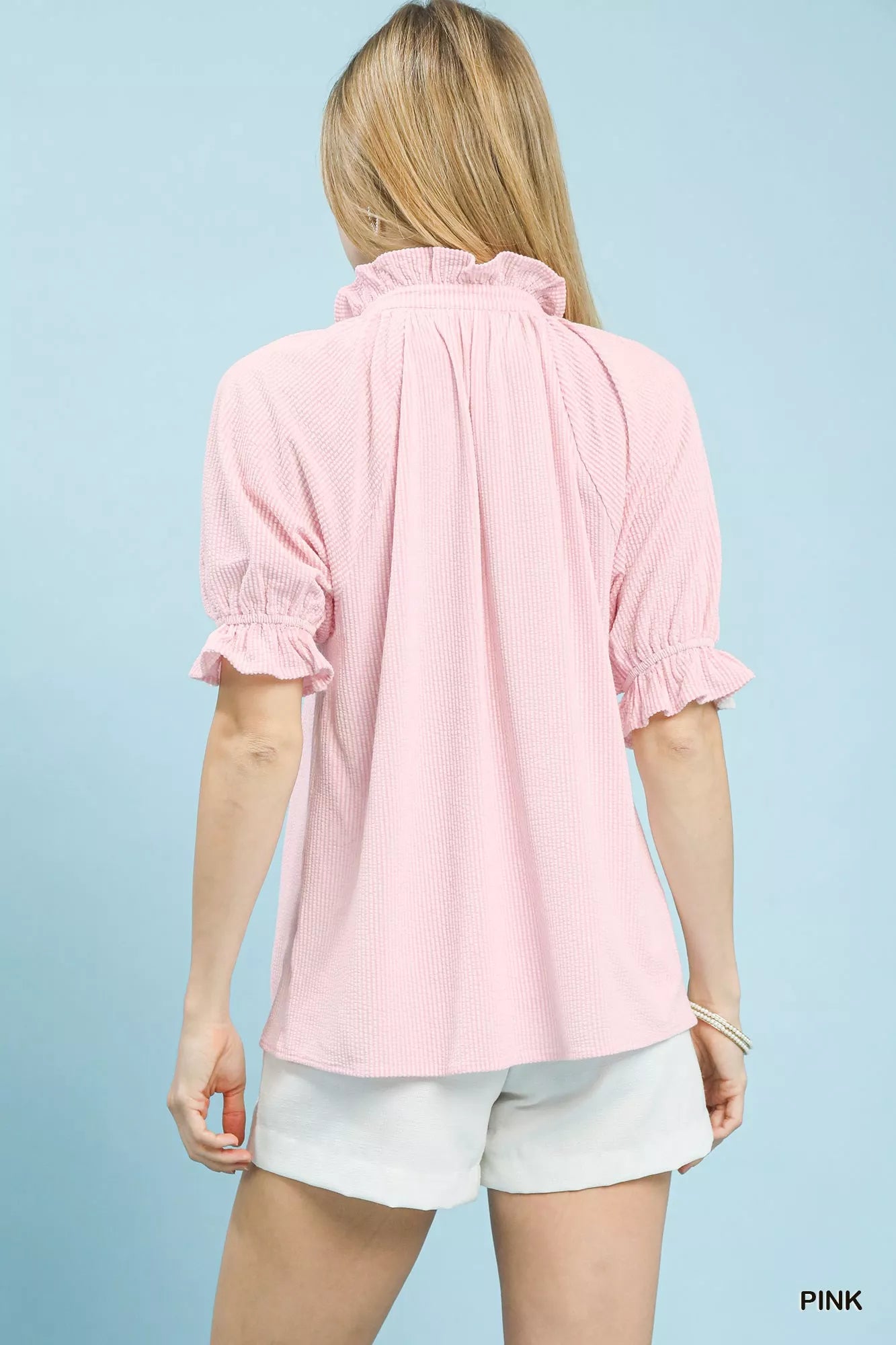 Textured Ruffle Sleeve V-Neck Top