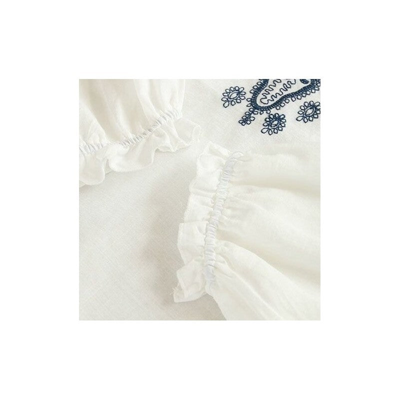 Ethnic-Inspired Loose Fit Pleated Long Sleeve T-Shirt with Embroidery
