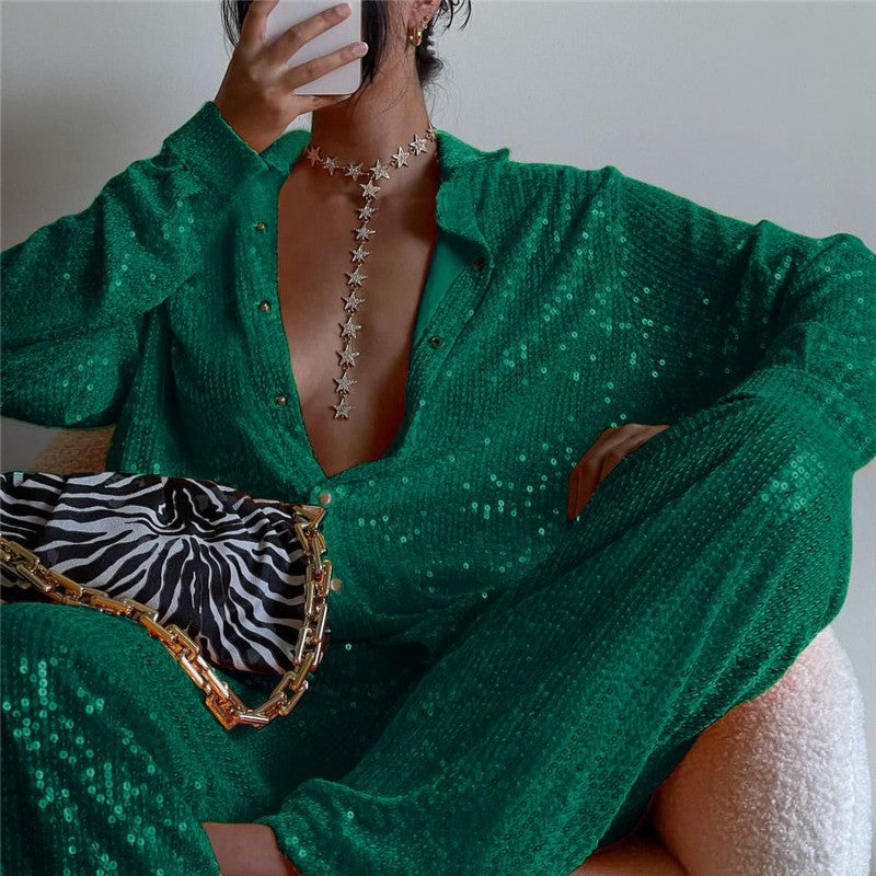 Solid Color Long Sleeve Lapel Single Breasted Glitter Blouse