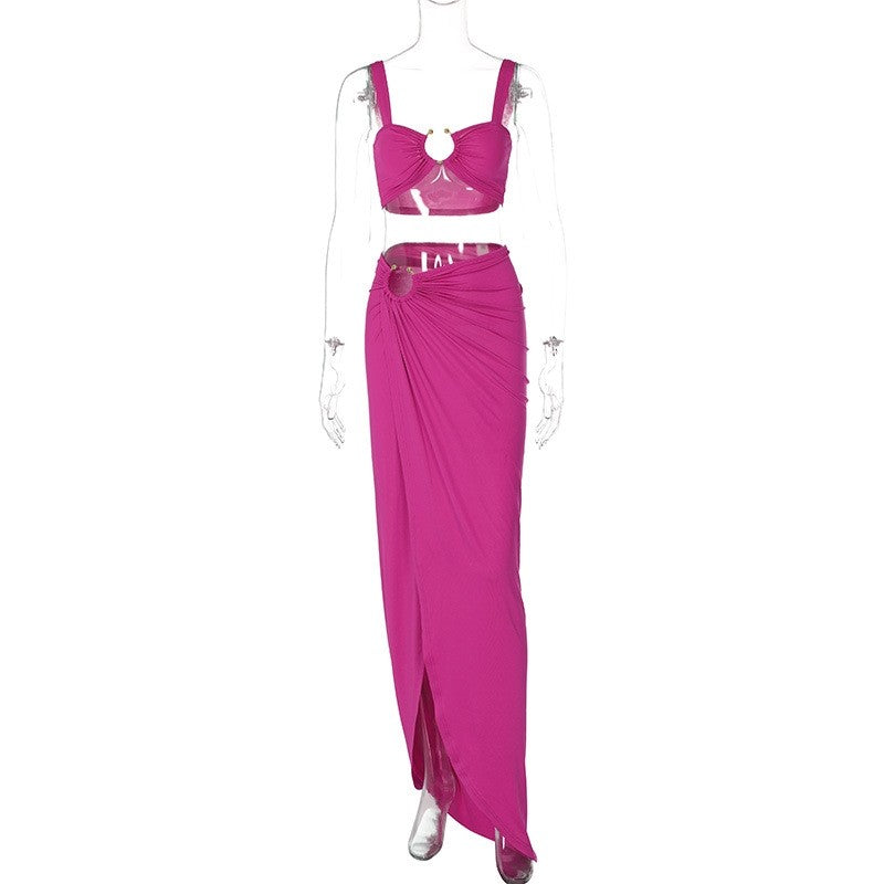 Strapless Ruched Bodycon Dress Set with Side Slit