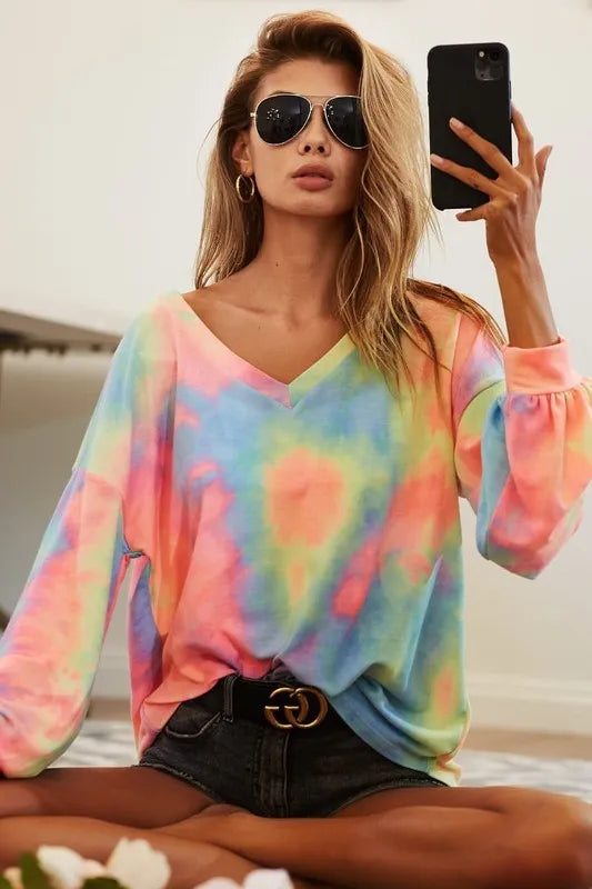 I am a Fashion Junky Tie Dye French Terry V Neck Top