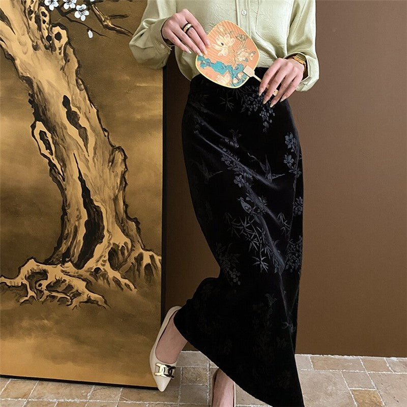 Velvet Half Skirt with Floral and Bird Embroidery