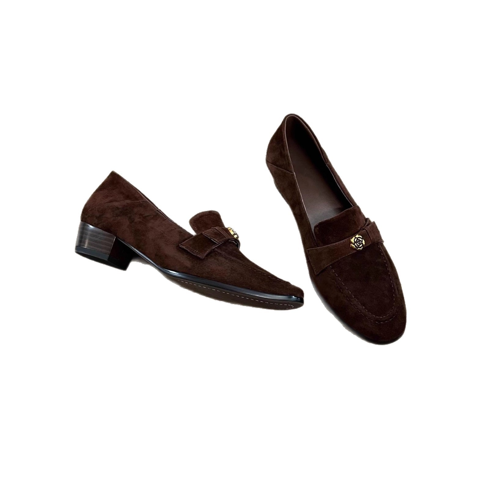 Women's Retro Camellia Sheepskin Loafers | Chunky Low Heel Slip-On Flats