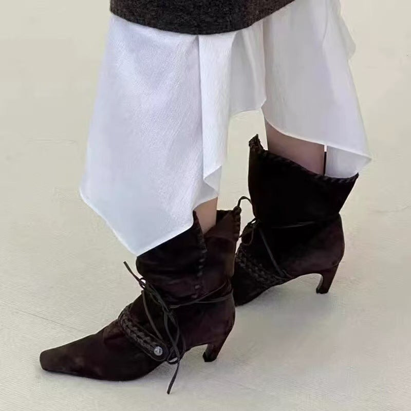 Women's Square Toe Western Boots | Chunky Heel Cross-Tie Tassel Mid-Calf Boots