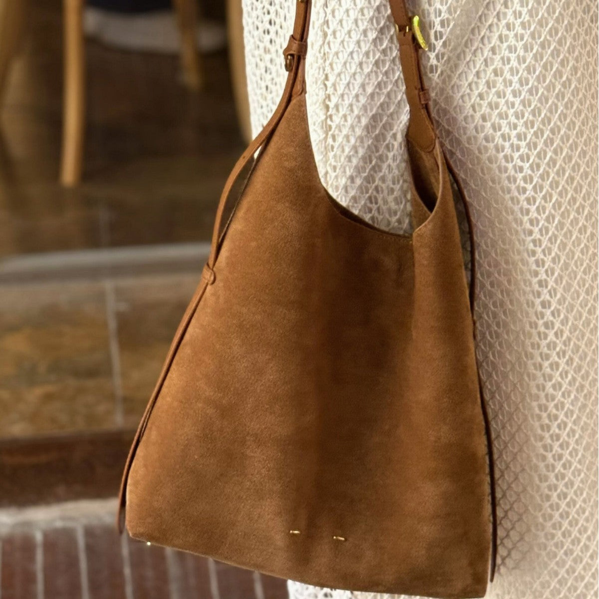 Women's Suede Bucket Shoulder Bag – Genuine Leather Drop-Ear Handbag with Patchwork Detail