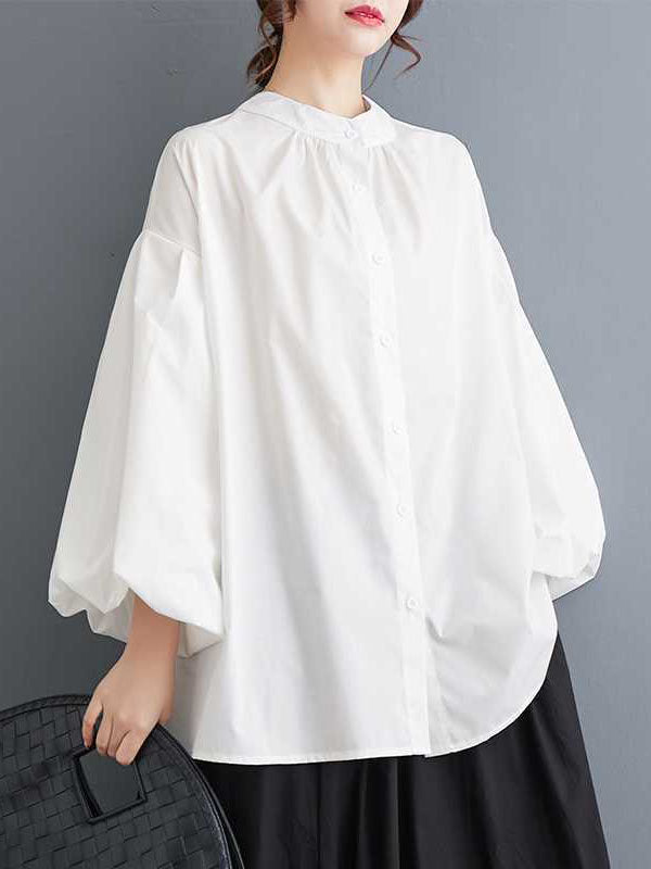 Loose Nine-Minute Sleeve Buttoned Hollow Pleated Solid Color Round-Neck Blouses&Shirts Tops