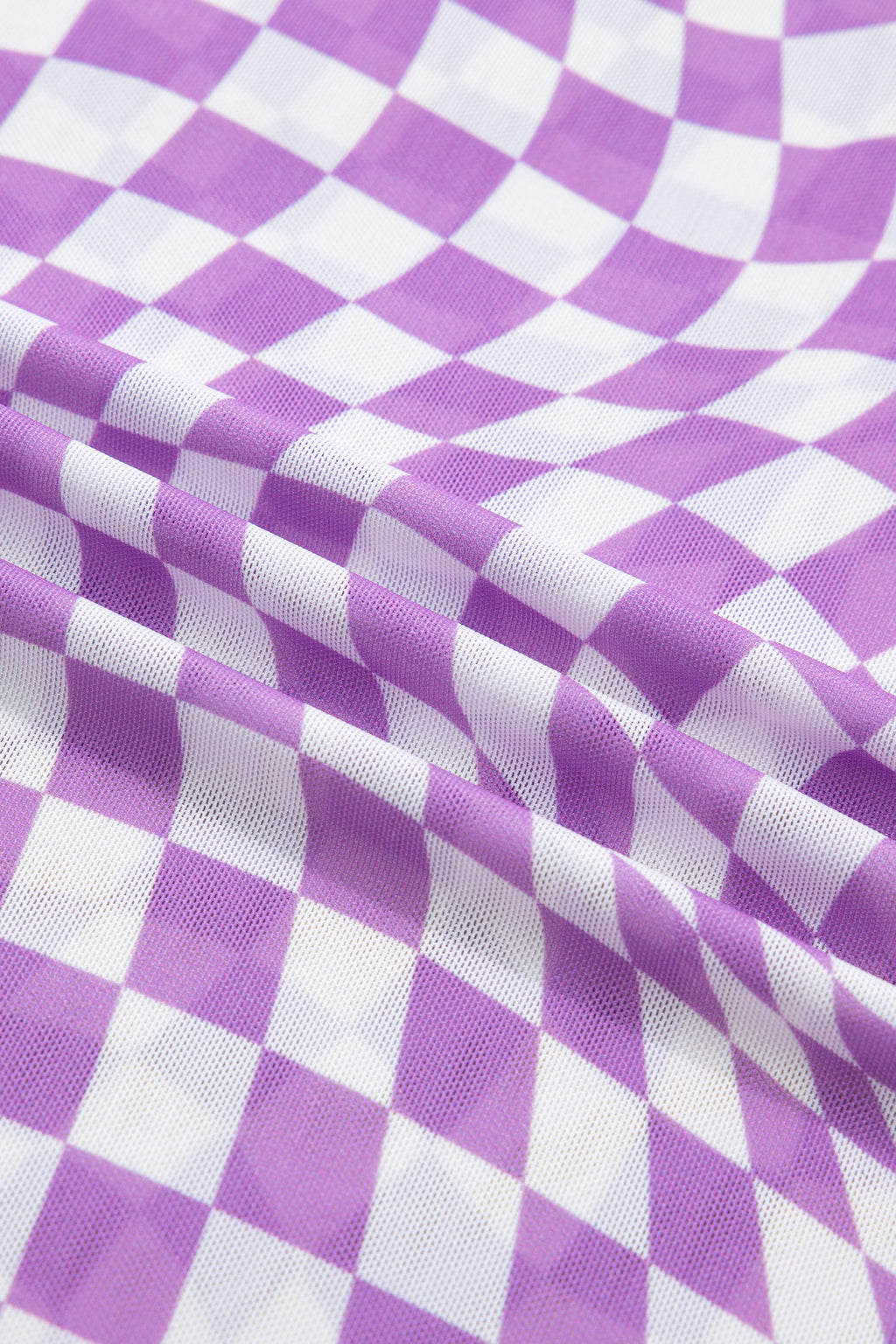 Purple Checkered Print Mock Neck Mesh T Shirt