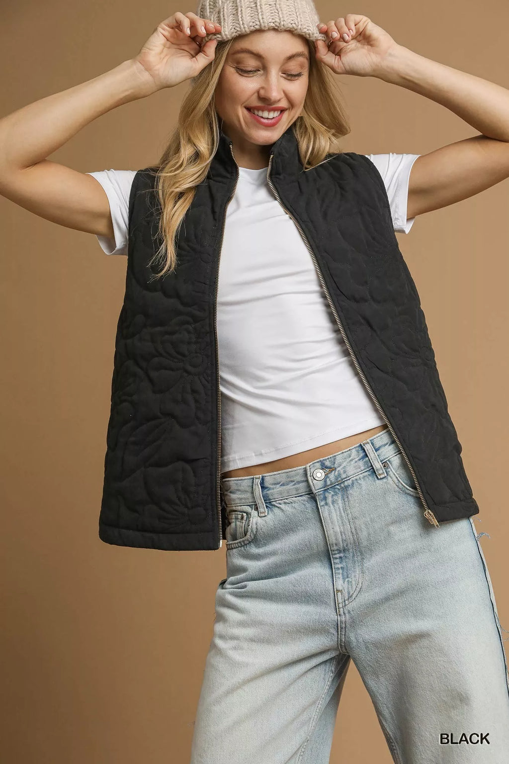 Quilted Floral Zip Up Vest with Pockets