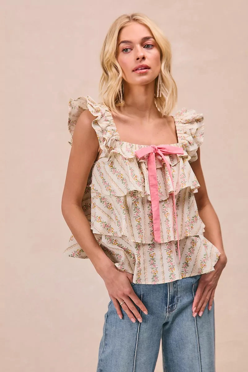 Floral Printed Woven Front Bow Tied Ruffled Square Neck Sleeveless Top