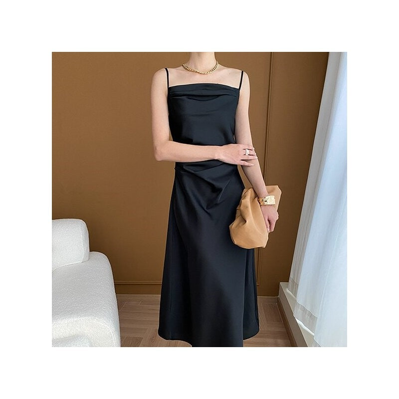 Solid Color Satin Waistband Sling Dress with Figure-Flattering Silhouette